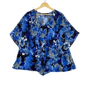 Adele & May Short Sleeve Flutter Blouse Women’s 2X Blue Floral Chiffon Feminine
